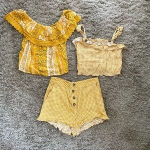 Bundle / set of yellow shorts and 2 tops sz 6.